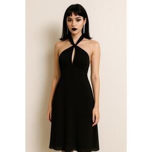 Vintage Halter Midi Slip Dress Chiffon 8 Blck Babydoll Whimsigoth Y2K Holiday